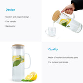 Lade das Bild in den Galerie-Viewer, Intirilife Karaffe mit Bambusdeckel in KLAR - 1,6l Krug aus Borosilikatglas mit Henkel und Holz Deckel hitzebeständig geeignet für heiße und kalte Getränke, Tee, Kaffee, Wasser uvm.