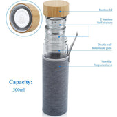 Lade das Bild in den Galerie-Viewer, Intirilife Teeflasche aus Glas mit Edelstahl Sieb- 400 ml doppelwandige Thermo Flasche aus Borosilikatglas mit Neopren Hülle- Tee Trinkflasche to go, Thermoskanne mit Infuser Filter, Bambus Deckel