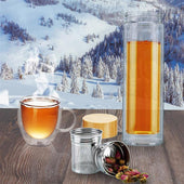 Lade das Bild in den Galerie-Viewer, Intirilife Teeflasche aus Glas mit Edelstahl Sieb- 400 ml doppelwandige Thermo Flasche aus Borosilikatglas mit Neopren Hülle- Tee Trinkflasche to go, Thermoskanne mit Infuser Filter, Bambus Deckel