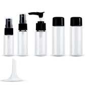 Lade das Bild in den Galerie-Viewer, Intirilife Flaschen Set in SCHWARZ TRANSPARENT - 21 x 4 x 13 cm - 6 teiliges Set mit leeren Flaschen und Trichter zum Nachfüllen, zum Reisen, für Pröbchen etc. TSA Genehmigtes Gepäck