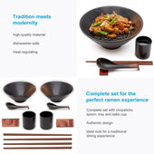 Lade das Bild in den Galerie-Viewer, Intirilife 6-teiliges Ramen Schüssel Set mit 1000 ml Füllmenge für 2 Personen in Schwarz - 22.86 cm Durchmesser - Traditionell japanisches Geschirrset mit Essstäbchen und Löffel