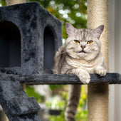Lade das Bild in den Galerie-Viewer, Intirilife Kratzbaum in Grau - 60 x 50 x 185 cm - Stabiler Katzenkratzbaum mehrstufiger Kletterbaum mit Aussichtsplattformen Höhlen Plüschbommeln und Sisal-Kratzstangen