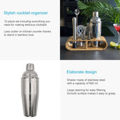 Lade das Bild in den Galerie-Viewer, Intirilife 12-teiliges Edelstahl Cocktail-Shaker Set mit Bambus-Ständer - 27.5 x 10.5 x 25.5 cm - Barkeeper Set Cocktail Mixer Bar Zubehör Geschenk