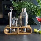 Lade das Bild in den Galerie-Viewer, Intirilife 12-teiliges Edelstahl Cocktail-Shaker Set mit Bambus-Ständer - 27.5 x 10.5 x 25.5 cm - Barkeeper Set Cocktail Mixer Bar Zubehör Geschenk