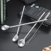 Lade das Bild in den Galerie-Viewer, Intirilife 8x Strohhalmlöffel aus Edelstahl in Silber mit 19 cm Länge, 2 schmale Bürsten zum Reinigen und eine Aufbewahrungstasche aus Leinen - Für Getränke Latte Macciato Eis Kaffee Kakao