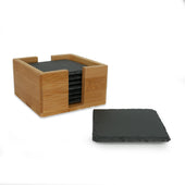 Lade das Bild in den Galerie-Viewer, Intirilife 11-teiliges Untersetzer Set aus Schieferstein in Schwarz mit Bambushalterung und Kreidestiften - 10 x 10 cm - Getränke Flaschen Glas Untersetzer zum Beschriften mit Kreide