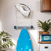 Lade das Bild in den Galerie-Viewer, Intirilife Bügeleisenhalter Bügelbretthalter Wandmontage Halterung aus Edelstahl in Weiß - 20.3 x 13.5 x 30 cm - Zum Bohren inkl. Schrauben und Dübel platzsparend Aufbewahrungskorb