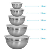 Lade das Bild in den Galerie-Viewer, Intirilife 5-teiliges Schüssel Set Rührschüsseln mit Deckeln aus Edelstahl - 18 x 9.5 / 20 x 10 / 22 x 11 / 24 x 12 / 26 x 12.5 cm - Salatschüssel Servierschüssel stapelbar spülmaschinengeeignet