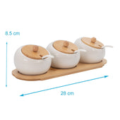 Lade das Bild in den Galerie-Viewer, Intirilife 3er Set Gewürzdosen Zuckerdose aus Porzellan in Weiß - Braun mit Deckel und Löffel - 28 x 9.5 x 8.5 cm - Schale Dose Spender mit Tablet für die Küche, Esstisch uvm.