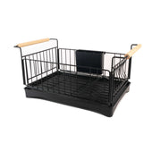 Lade das Bild in den Galerie-Viewer, Intirilife Geschirr Abtropfgestell aus Edelstahl mit Abtropfschale in Schwarz - 50 x 29 x 23.5 cm - Geschirrkorb mit Holzgriffen, Besteckkasten, Wasserauffangschale mit Auslauf