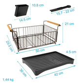 Lade das Bild in den Galerie-Viewer, Intirilife Geschirr Abtropfgestell aus Edelstahl mit Abtropfschale in Schwarz - 50 x 29 x 23.5 cm - Geschirrkorb mit Holzgriffen, Besteckkasten, Wasserauffangschale mit Auslauf