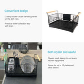 Lade das Bild in den Galerie-Viewer, Intirilife Geschirr Abtropfgestell aus Edelstahl mit Abtropfschale in Schwarz - 50 x 29 x 23.5 cm - Geschirrkorb mit Holzgriffen, Besteckkasten, Wasserauffangschale mit Auslauf