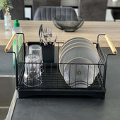 Lade das Bild in den Galerie-Viewer, Intirilife Geschirr Abtropfgestell aus Edelstahl mit Abtropfschale in Schwarz - 50 x 29 x 23.5 cm - Geschirrkorb mit Holzgriffen, Besteckkasten, Wasserauffangschale mit Auslauf