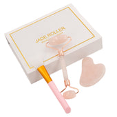 Lade das Bild in den Galerie-Viewer, Intirilife 3-teiliges Gua Sha Gesichtsmassage Set Gesichtsroller aus natürlichen Rosenquarz - Gua Sha 8 x 5.4 cm - Roller 14 x 5.8 cm - Warm und Kalt anwendbar, Hautpflege für Gesicht und Augen