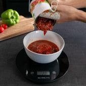 Lade das Bild in den Galerie-Viewer, Intirilife Küchenwaage Digitale runde Lebensmittelwaage mit LCD Display in Schwarz aus Glas und ABS-Kunststoff - Max. 5 Kg - 20 x 1.6 cm - Elektronische Haushaltsware inklusive Batterien