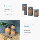 Lade das Bild in den Galerie-Viewer, Intirilife 3x Kerzen flammenlose LED Kerzen aus Wachs im Glas in Smoky Grau - 7.4 x 15 /12.5 / 10 cm - Stumpenkerze mit Fernbedienung batteriebetrieben Deko Idee