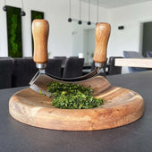 Lade das Bild in den Galerie-Viewer, Intirilife Wiegemesser mit Schneidebrett - Kräutermesser 13.5 x 2.4 x 13 cm mit Kräuterbrett 20 x 2.1 cm - Mezzaluna Biegemesser mit 2 Klingen für Kräuter und Gewürze