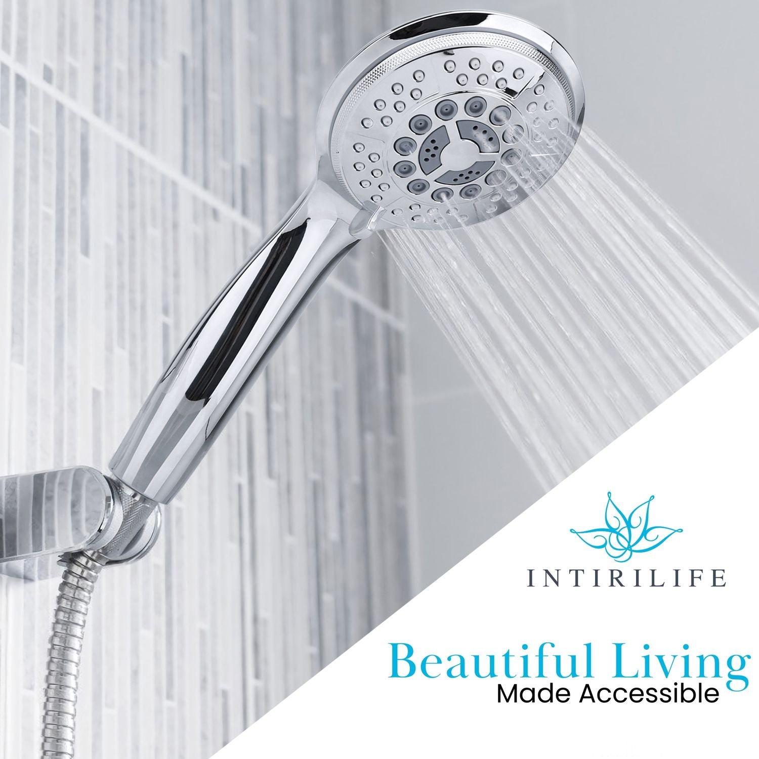 Intirilife Duschkopf Handbrause mit 5 Funktionen in Silber - 24.5 x 10 x 4 cm - Universaler Brausekopf mit umweltfreundlicher Wasser-Stopp-Funktion Duschbrause Handbrausenkopf