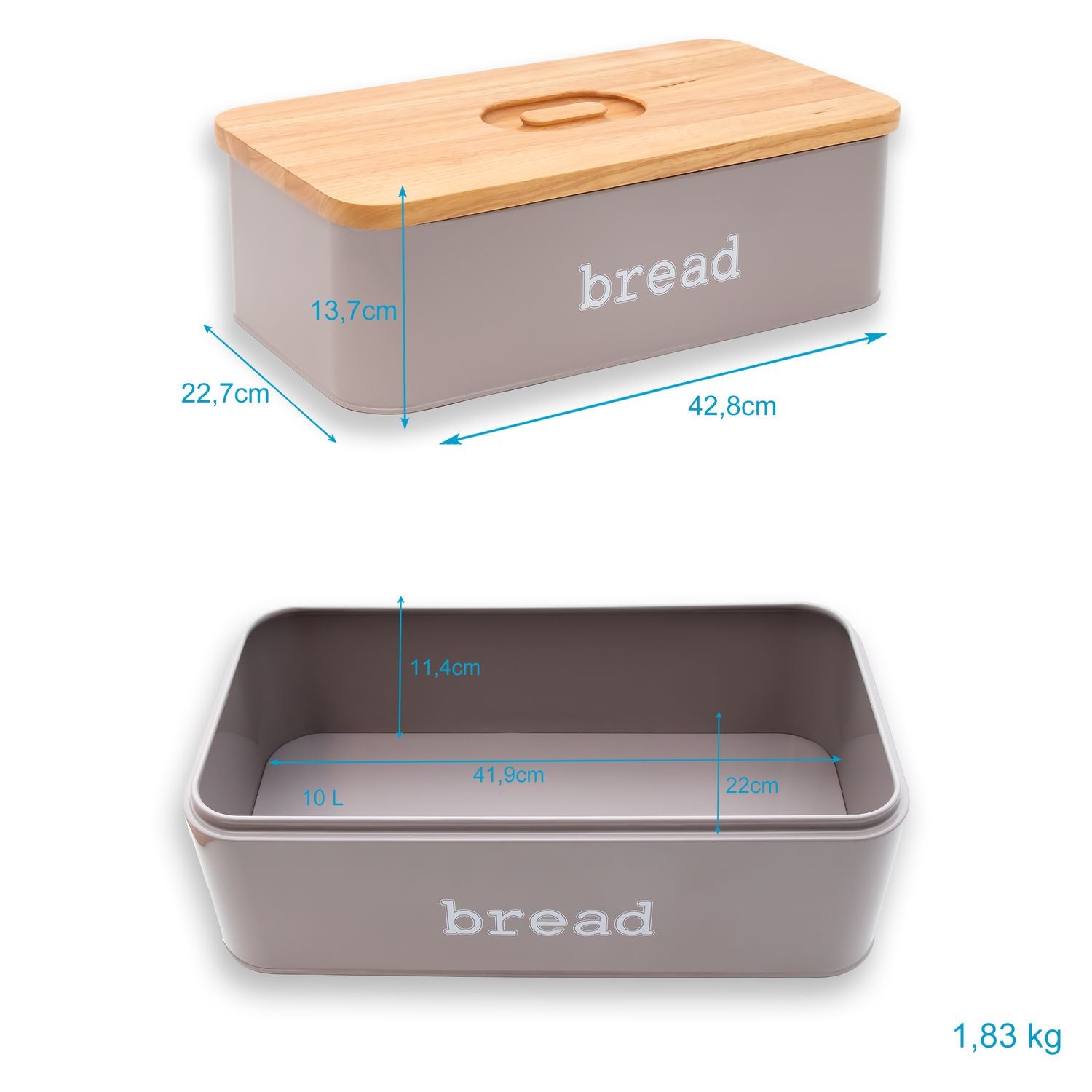 Intirilife Brotbox Brotkasten mit Deckel in Grau - 42.8 x 22.7 x 13.7 cm - Aufbewahrungs Box Korb Behälter für Brot Brötchen Gebäck