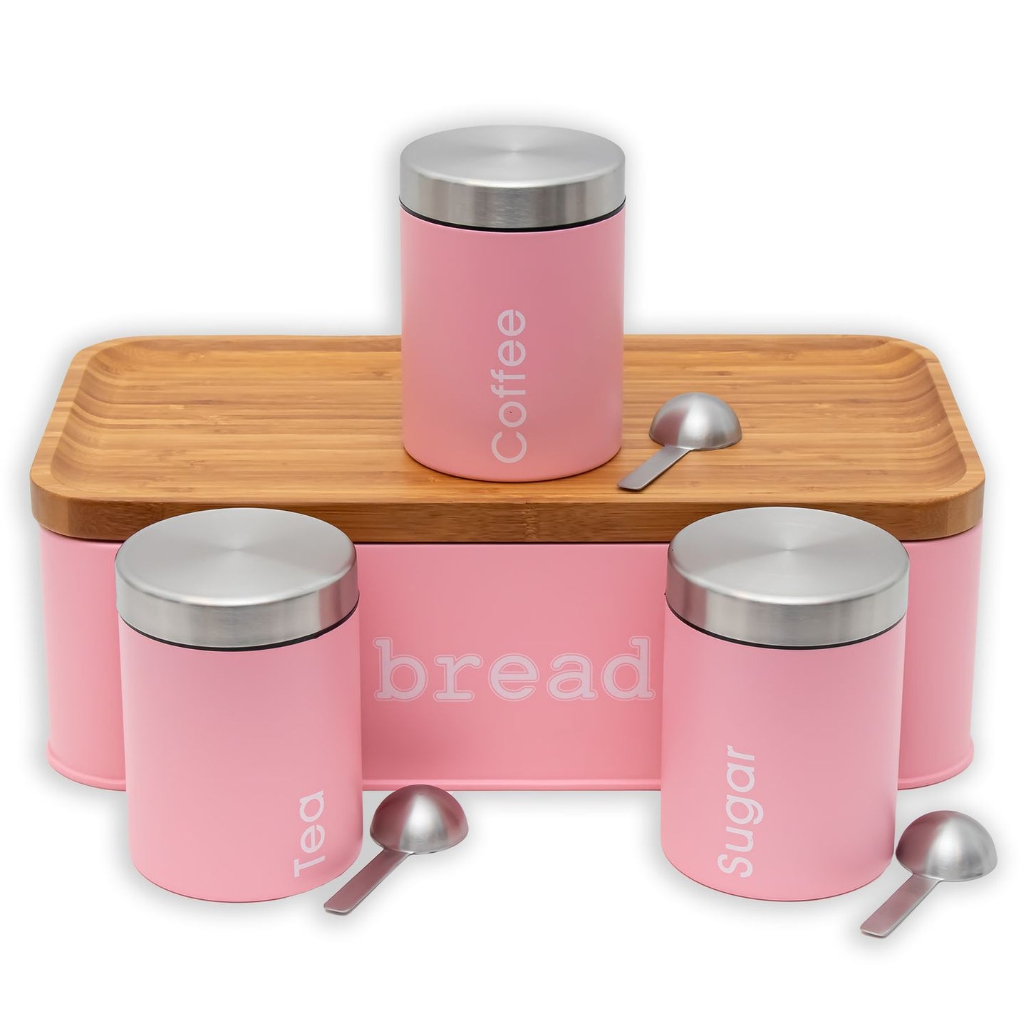 Intirilife Brotbox Brotkasten mit Deckel 3 Gewürzdosen und 3 Löffel in Rosa - 42.2 x 22.6 x 13.9 cm - Aufbewahrungs Box Korb Behälter für Brot Brötchen Gebäck