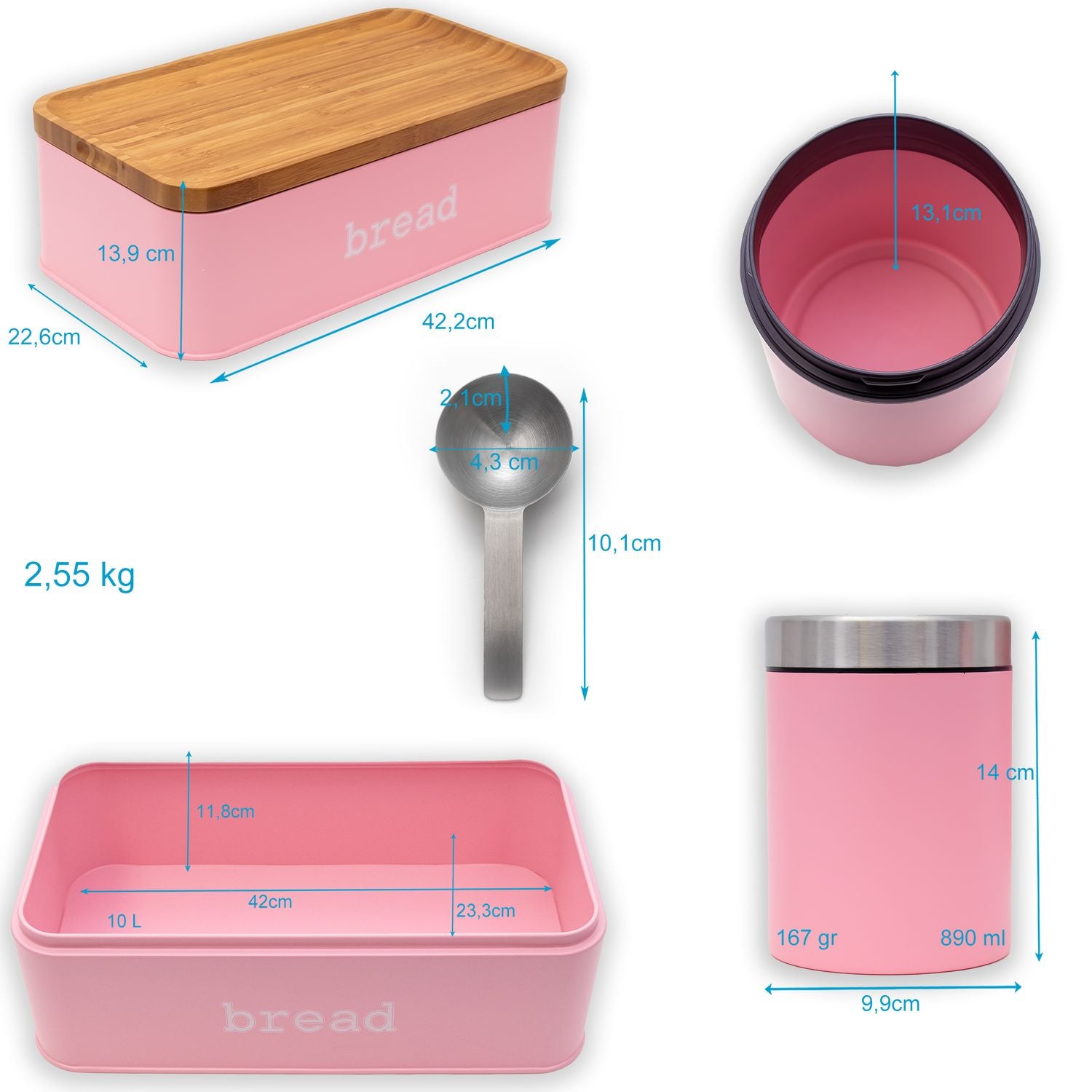 Intirilife Brotbox Brotkasten mit Deckel 3 Gewürzdosen und 3 Löffeln in Rosa - 42.2 x 22.6 x 13.9 cm - Aufbewahrungs Box Korb Behälter für Brot Brötchen Gebäck