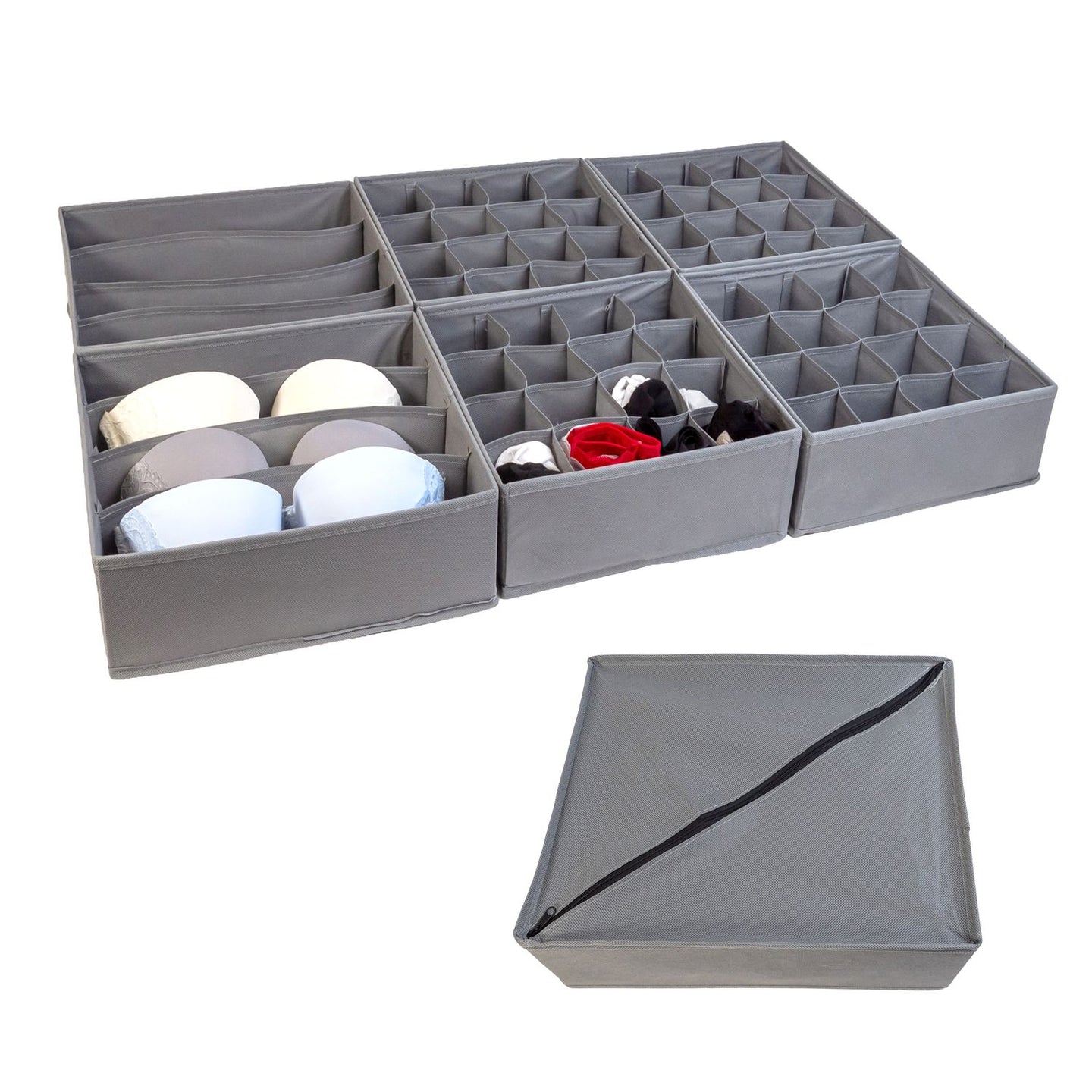 Intirilife Aufbewahrungsboxen Ordnungssystem 6-teilig für Schubladen aus Vlies in Grau - Zwei 4-Fach Boxen 33x26x11 / Vier 16-Fach Boxen 28.5x26x11 cm - Faltbare Organizer für Unterwäsche Socken