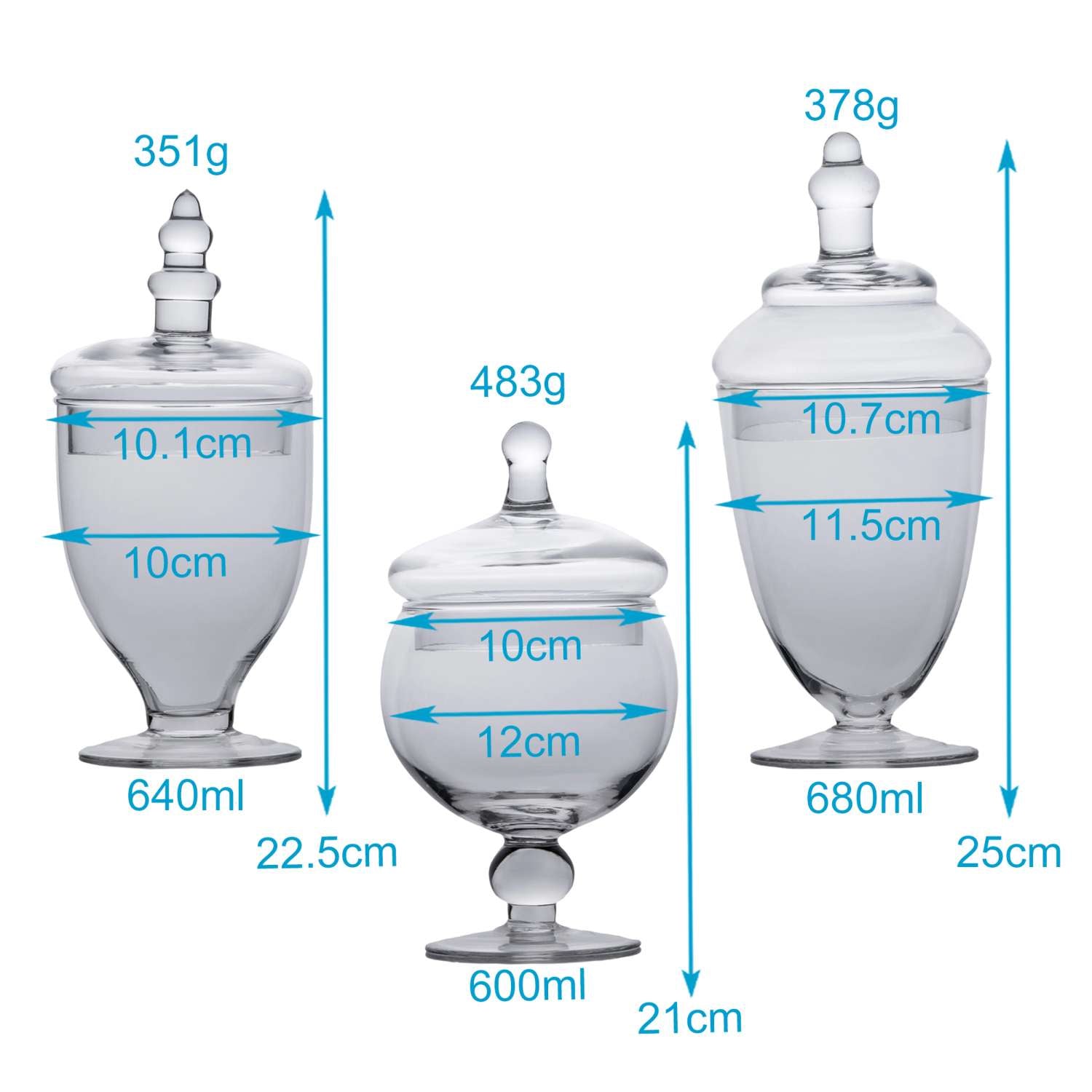 Intirilife 3er Set Süßigkeiten Glas im viktorianischen Stil - 25 x 11.5 / 22.5 x 10.1 / 21 x 12 cm - Vintage Bonbon Keks Glas Vorratsglas mit Deckel Deko Aufbewahrungs Glas Behälter