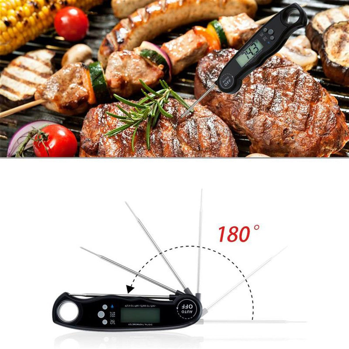 Intirilife Faltbares Küchenthermometer SCHWARZ– Digitales wasserdichtes, magnetisches Thermometer mit LCD-Display, Alarmfunktion, Auto-Off, °C/°F, Sofort-Auslese für Kochen Grillen Backen