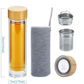 Lade das Bild in den Galerie-Viewer, Intirilife Teeflasche aus Glas mit Edelstahl Sieb- 400 ml doppelwandige Thermo Flasche aus Borosilikatglas mit Neopren Hülle- Tee Trinkflasche to go, Thermoskanne mit  Infuser Filter, Bambus Deckel
