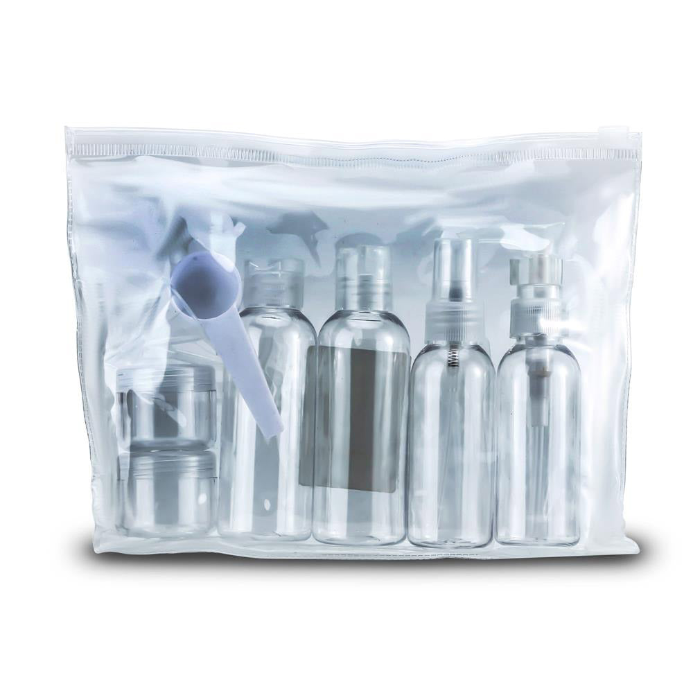 Intirilife Flaschen Set in WEISS TRANSPARENT - 21 x 4 x 13 cm - 6 teiliges Set mit 4 Flaschen und 2 Behältern zum Nachfüllen, zum Reisen, für Pröbchen etc. TSA Genehmigtes Gepäck