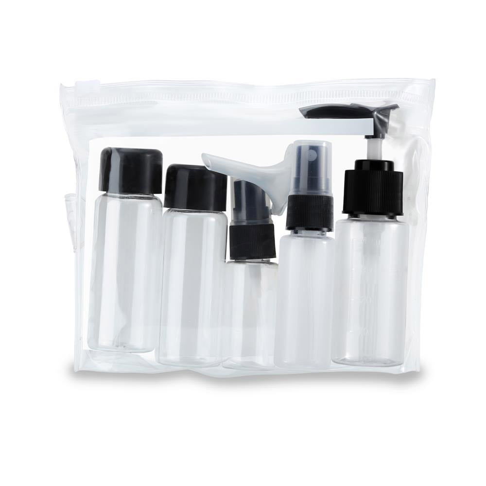 Intirilife Flaschen Set in SCHWARZ TRANSPARENT - 21 x 4 x 13 cm - 6 teiliges Set mit leeren Flaschen und Trichter zum Nachfüllen, zum Reisen, für Pröbchen etc. TSA Genehmigtes Gepäck