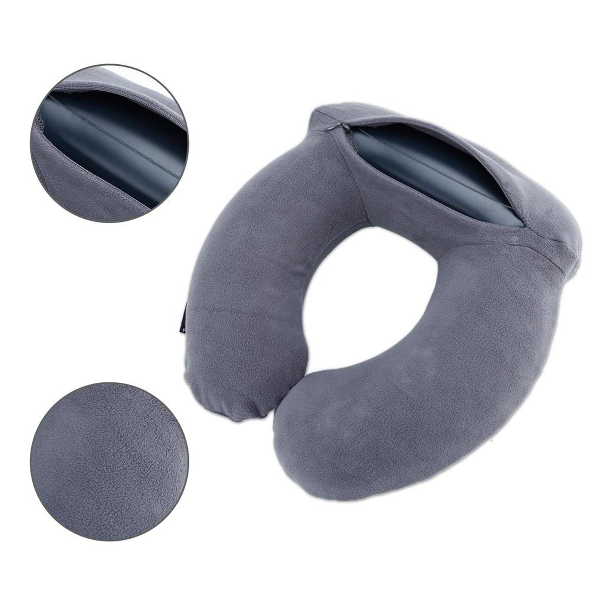 Intirilife Aufblasbares Nackenkissen in GRAU - 20 x 15 x 5 cm - Nackenhörnchen und Augenmaske zum Aufblasen mit Ohrstöpseln in ergonomischer Form - Perfekt geeignet beim Campen, bei Ausflügen, Reisen etc.