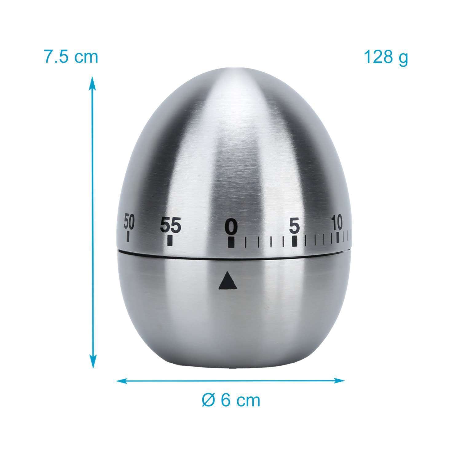 Intirilife Eieruhr in SILBER - 6 x 7.5 cm - Rostfreier Edelstahl Küchentimer in elegantem Eierform Design - Kurzzeitwecker für die Küche bis 55 Minuten