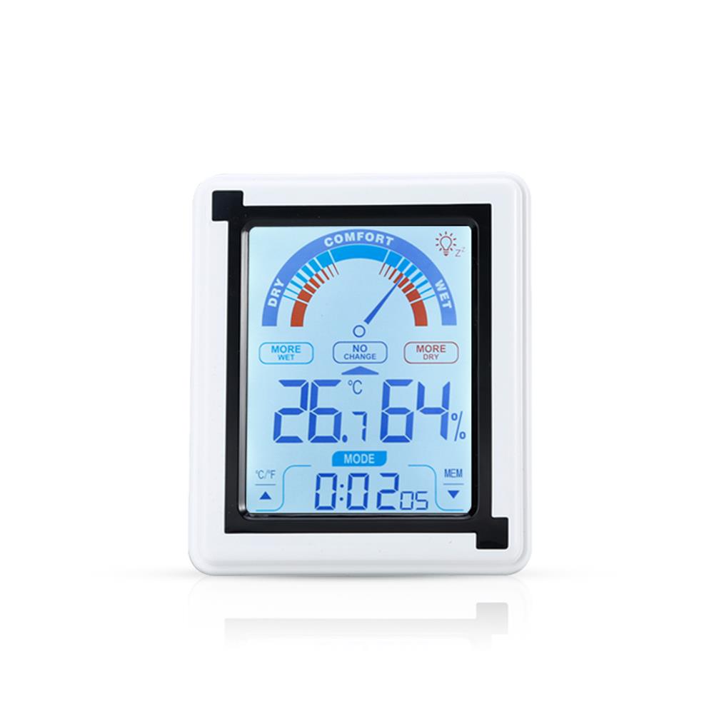 Intirilife Elektronisches Thermometer in WEISS - 10 x 3 x 13 cm - LCD Touch Thermometer mit Uhr Messgerät für Temperatur, Luftfeuchtigkeit umstellbar auf Fahrenheit