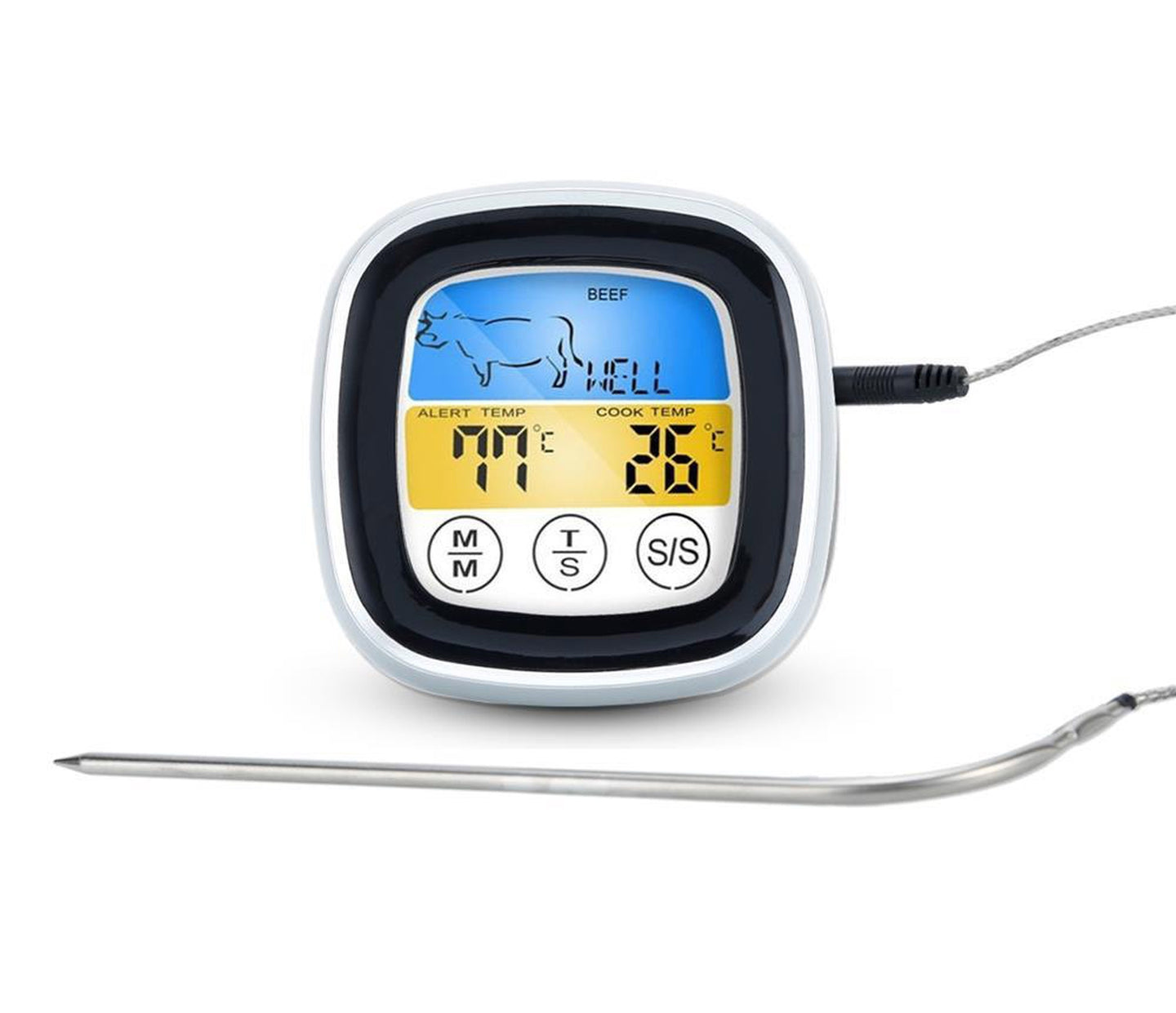 Intirilife Barbecue Thermometer in WEISS - 7 x 7 cm - Digitales BBQ Thermometer mit Timer zum Grillen und Kochen - Elektronisches Temperaturmessgerät Grillthermometer