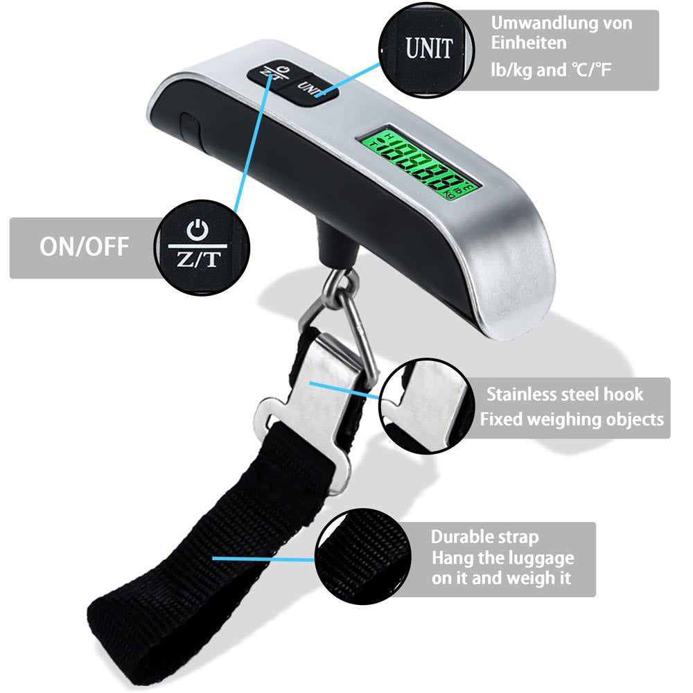 Intirilife Digitale Kofferwaage in SCHWARZ - Elektronische Gepäckwaage zum Wiegen von Koffern, Handgepäck, Reisetaschen - Tragbare Handwaage Hängewaage