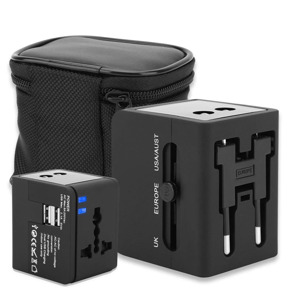 Intirilife Universal Steckdosen Adapter in SCHWARZ - 4.6 x 5.6 x 6.1 cm - Internationaler Steckdosen Stromadapter mit Tasche im kompakten All In One Design mit USB Anschlüssen perfekt geeignet zum Reisen