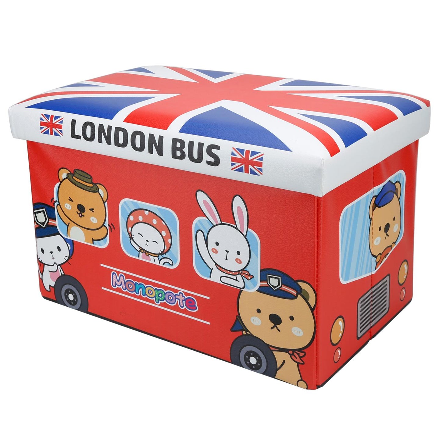 Intirilife Faltbarer Sitzhocker für Kinder 49x31x31 cm in London Bus - Sitzwürfel mit Stauraum und Deckel aus Kunstleder - Sitzcube Spielzeugkiste Spielzeugbox Truhe Sitzkiste