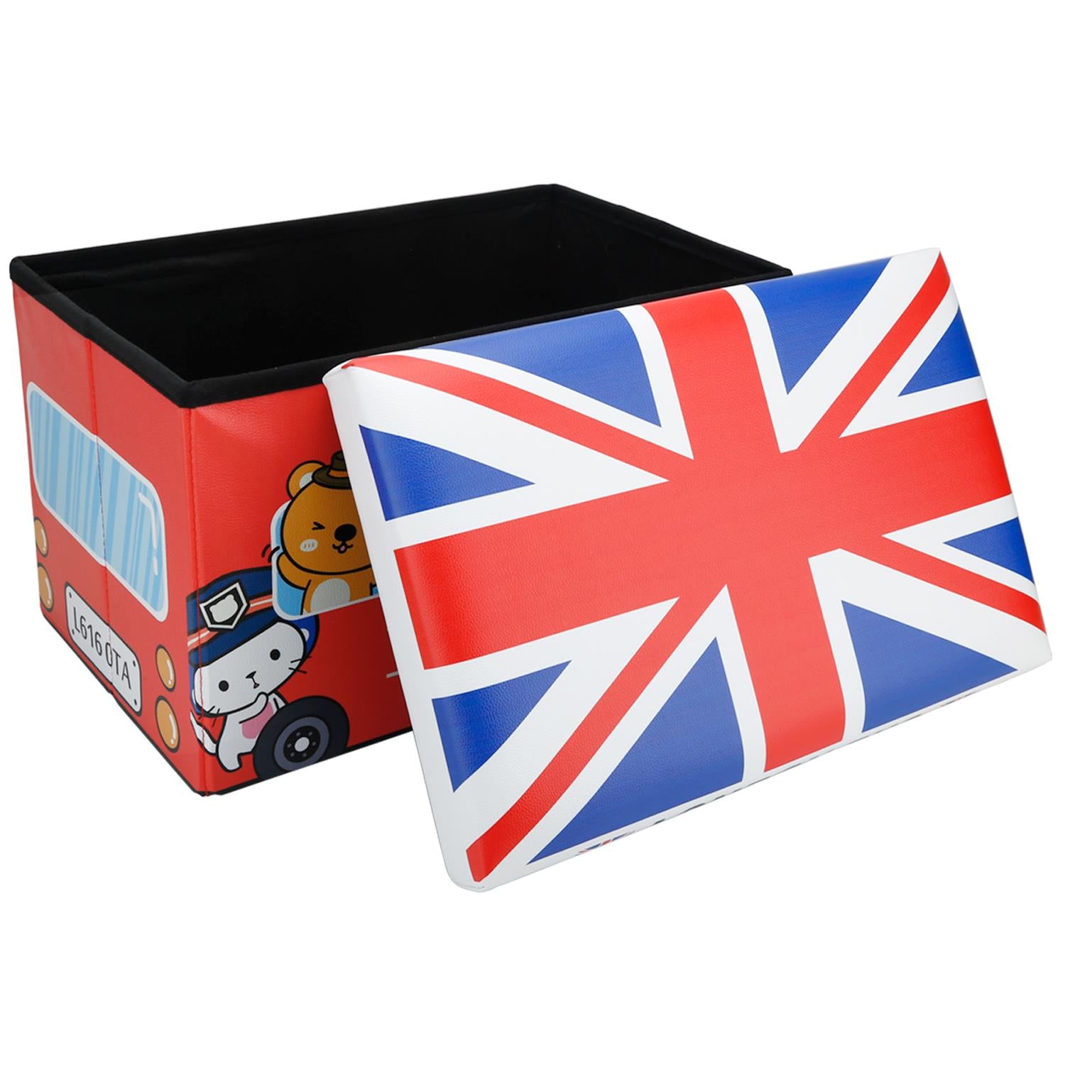 Intirilife Faltbarer Sitzhocker für Kinder 49x31x31 cm in London Bus - Sitzwürfel mit Stauraum und Deckel aus Kunstleder - Sitzcube Spielzeugkiste Spielzeugbox Truhe Sitzkiste