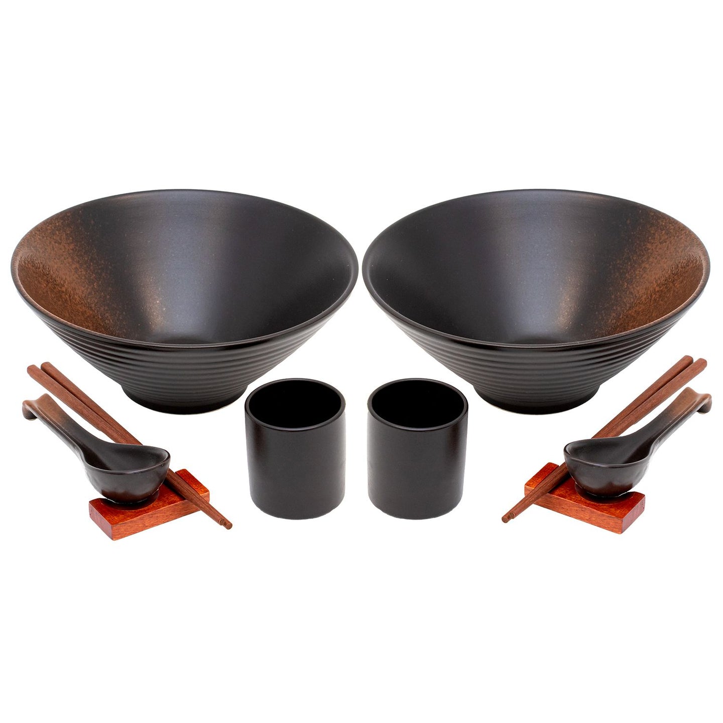 Intirilife 6-teiliges Ramen Schüssel Set mit 1000 ml Füllmenge für 2 Personen in Schwarz - 22.86 cm Durchmesser - Traditionell japanisches Geschirrset mit Essstäbchen und Löffel