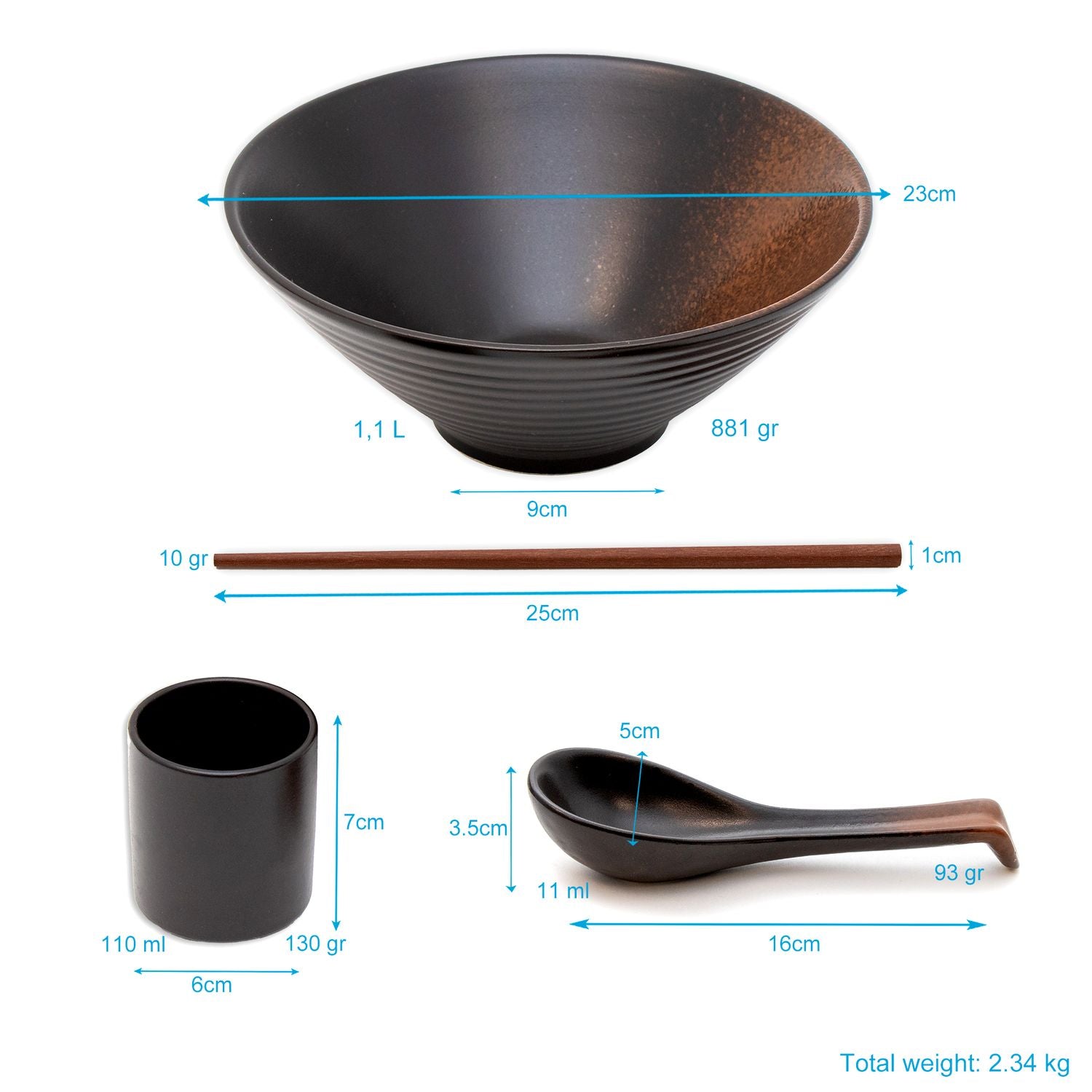 Intirilife 6-teiliges Ramen Schüssel Set mit 1000 ml Füllmenge für 2 Personen in Schwarz - 22.86 cm Durchmesser - Traditionell japanisches Geschirrset mit Essstäbchen und Löffel