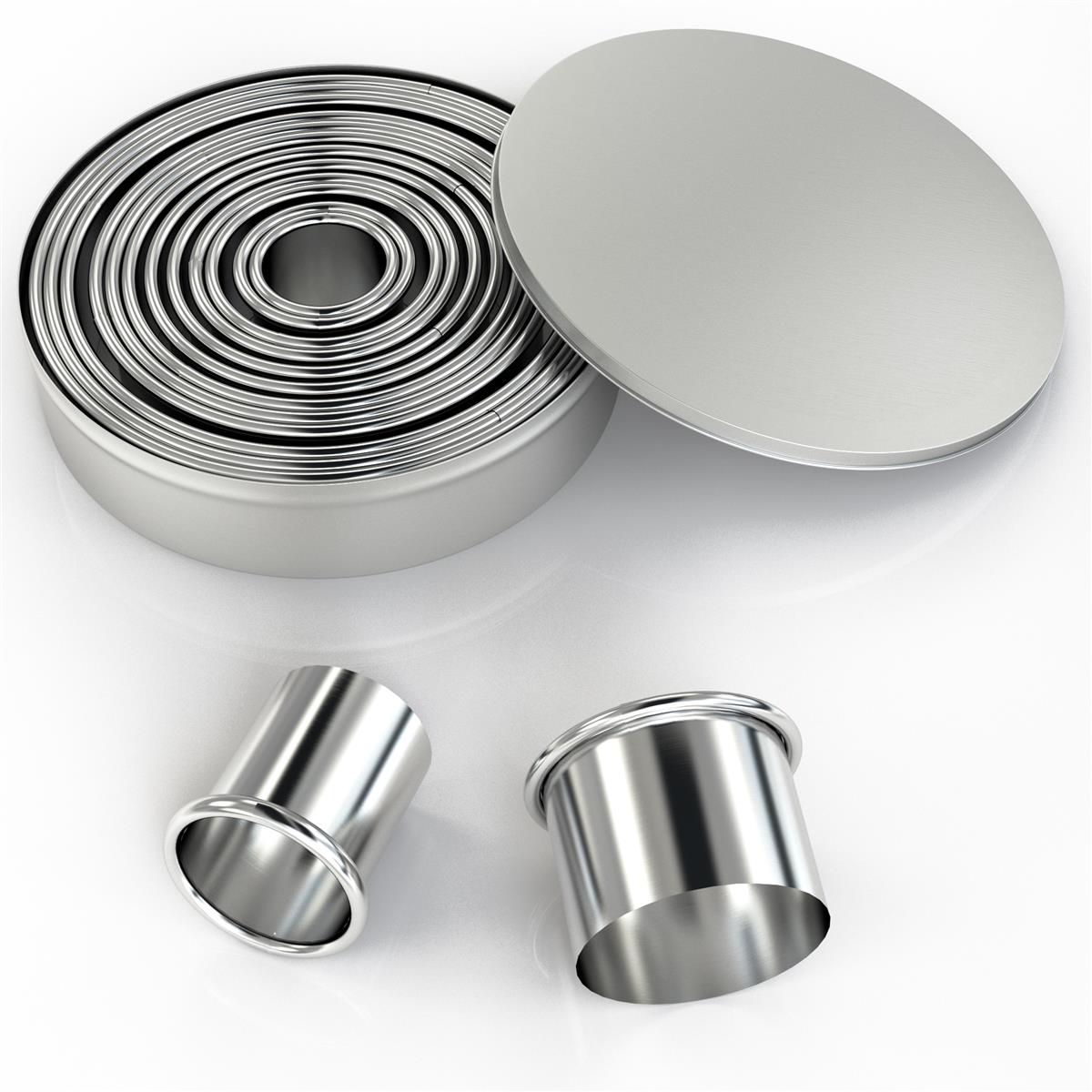 Intirilife 12-teiligs Ausstechformen Set in Silber mit Aufbewahrungsbox - 3 cm bis 12 cm Cutter Ringe Rund aus Edelstahl für Kekse Cookie Plätzchen Gebäck Backform Ausstecher