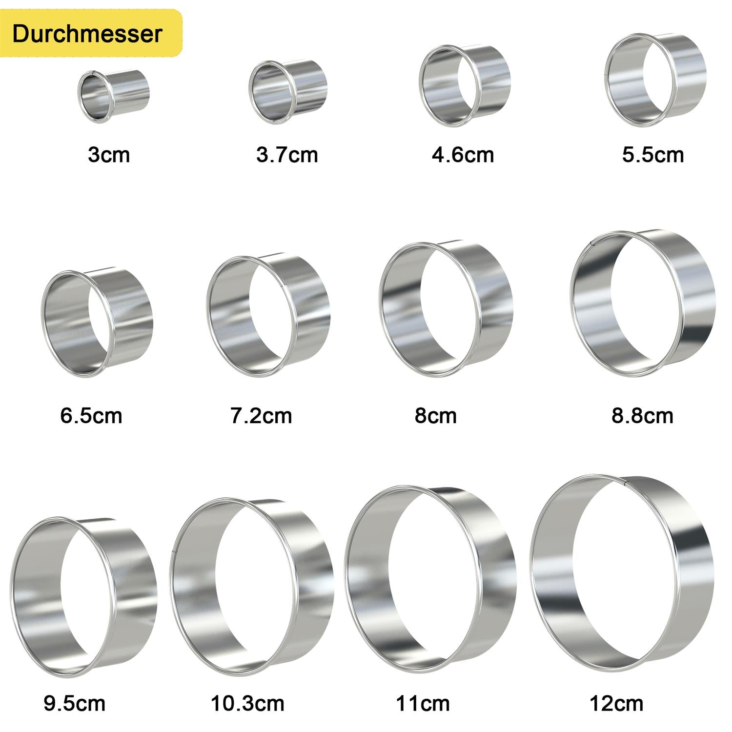 Intirilife 12-teiligs Ausstechformen Set in Silber mit Aufbewahrungsbox - 3 cm bis 12 cm Cutter Ringe Rund aus Edelstahl für Kekse Cookie Plätzchen Gebäck Backform Ausstecher