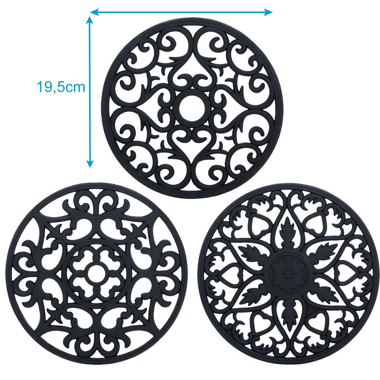 Intirilife 3-teiliges Silikon Untersetzer Set in Schwarz - 19.5 cm - Flexible Antihaft Topf Untersetzer Rutschfest Hitzebeständige Matte mit verschiedenen Ornamenten