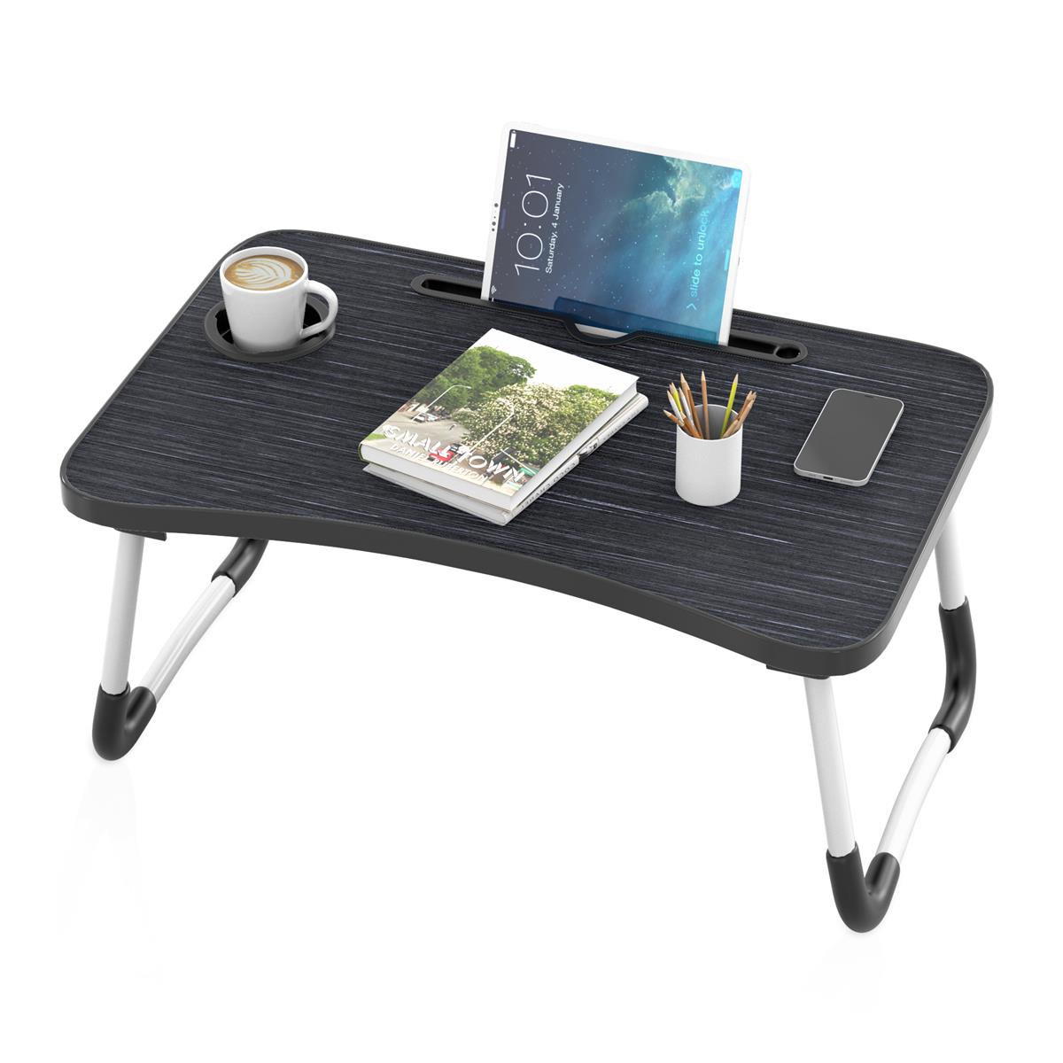 Intirilife ausklappbarer Laptoptisch in Schwarz mit 60 x 40 x 28 cm Größe - Lesetisch Frühstücksbrett Büchertablett für Bett Wohnzimmer Home-Office Büro und Unterwegs