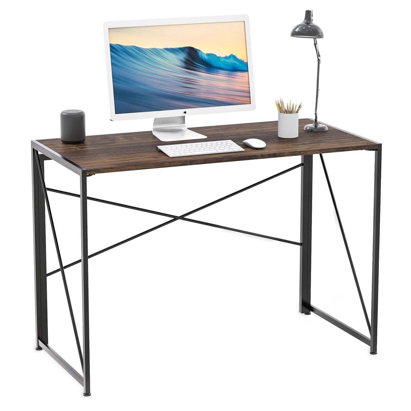 Intirilife Schreibtisch aus Holz und Metall in Schwarz - Braun - 100 x 50 x 75 cm - Rustikaler faltbarer Tisch zum Arbeiten Lesen und als Ablage - Computertisch Arbeitstisch