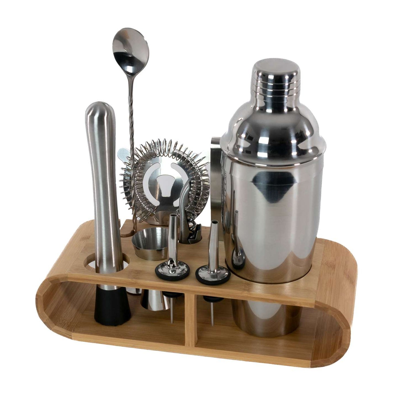 Intirilife 12-teiliges Edelstahl Cocktail-Shaker Set mit Bambus-Ständer - 27.5 x 10.5 x 25.5 cm - Barkeeper Set Cocktail Mixer Bar Zubehör Geschenk