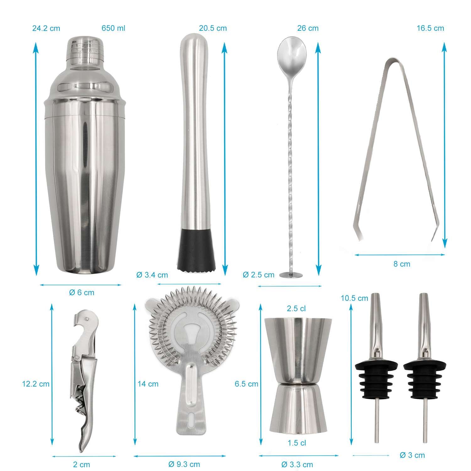 Intirilife 12-teiliges Edelstahl Cocktail-Shaker Set mit Bambus-Ständer - 27.5 x 10.5 x 25.5 cm - Barkeeper Set Cocktail Mixer Bar Zubehör Geschenk