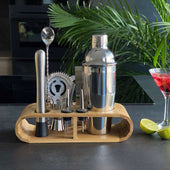 Lade das Bild in den Galerie-Viewer, Intirilife 12-teiliges Edelstahl Cocktail-Shaker Set mit Bambus-Ständer - 27.5 x 10.5 x 25.5 cm - Barkeeper Set Cocktail Mixer Bar Zubehör Geschenk
