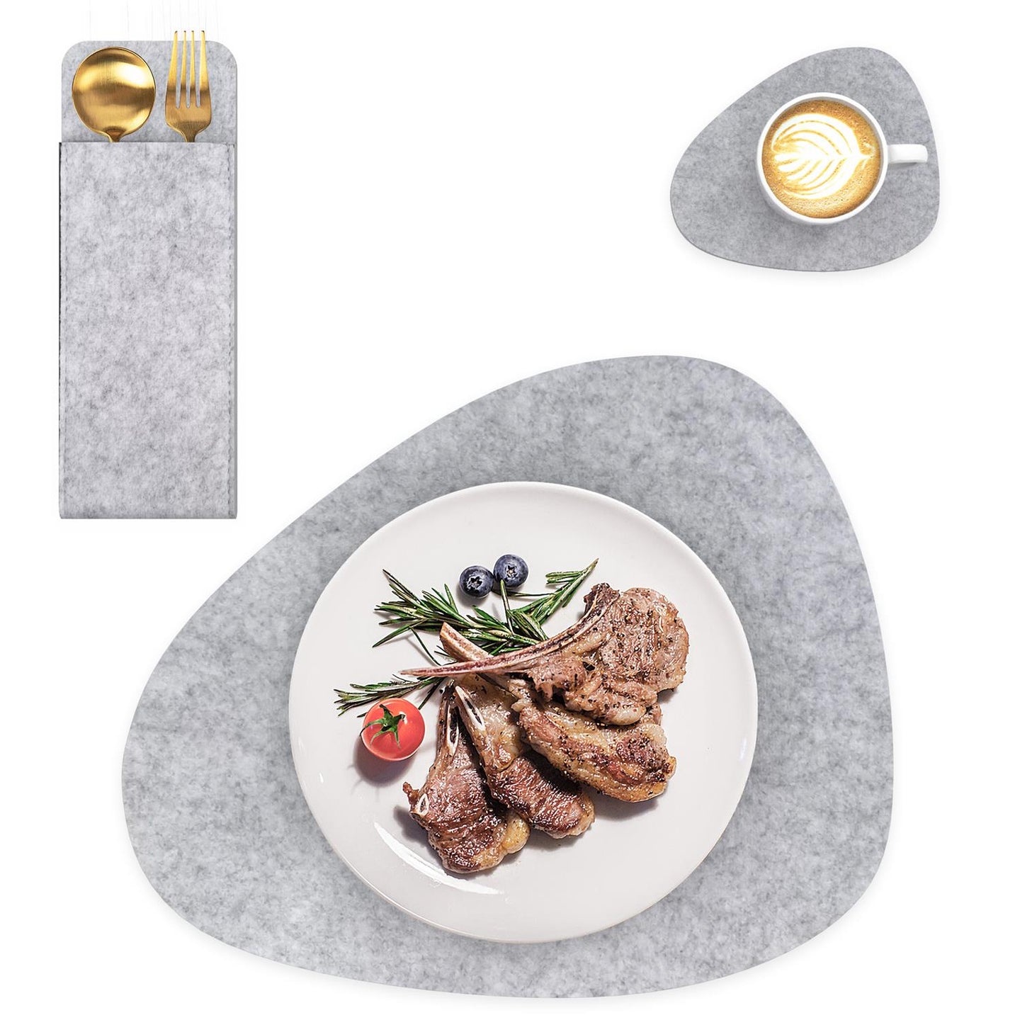 Intirilife 6x Filzunterleger-Set in Grau - Tischdeckchen 43 x 33 cm - Gläseruntersetzer 13 x 11 cm - Bestecktasche 25 x 9 cm - Platz Set Decke Untersetzer für Restaurant und Zuhause